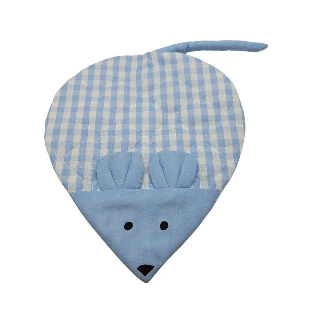 Quilted Gingham Mouse Trivet Pot Holder Flat Handmade Kitchen Decor Blue Hanging